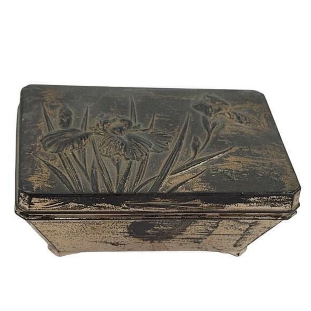 Vintage Metal Iris Flower Raised Relief‎ Silk Lined Trinket Box Jewelry Box
